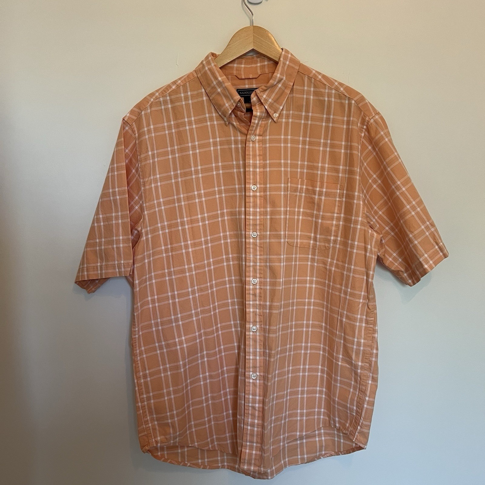 Saddlebred Mens Large Orange White Plaid Short Sleeve Cotton Button Down Shirt